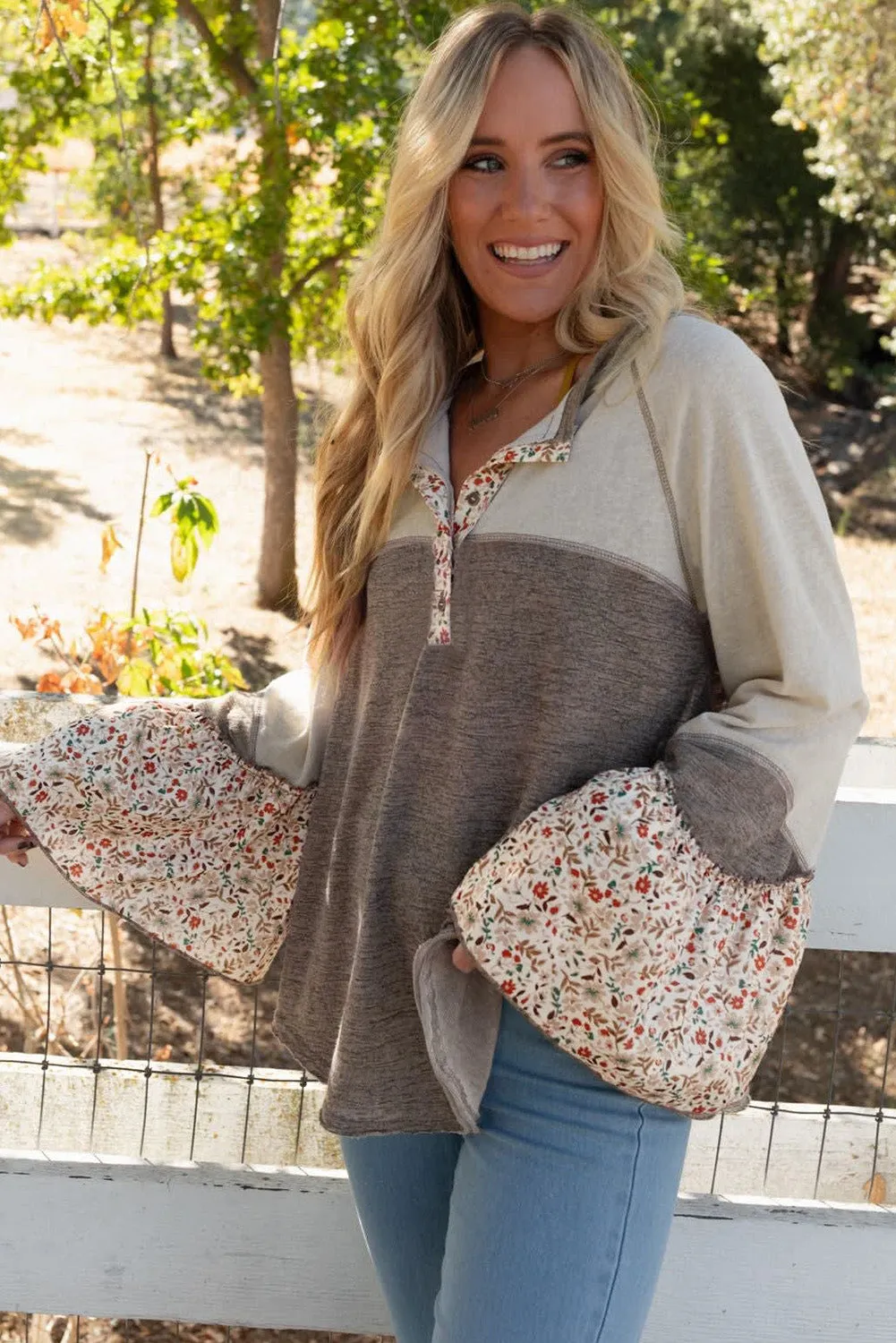 Goat Colourblock Floral Patchwork Flared Sleeve Buttons Henley Top sold by Beagle Boutique product image thumbnail 3