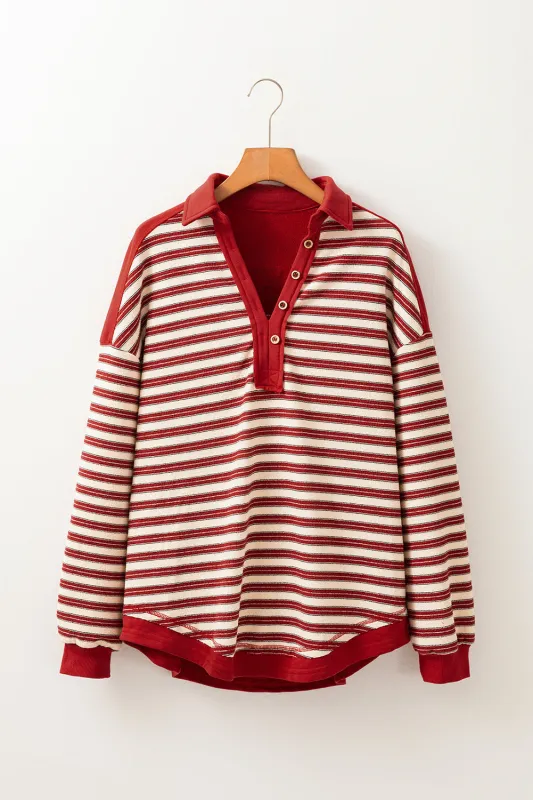 Red Stripe Buttoned V Neck Collared Drop Shoulder Top sold by Beagle Boutique