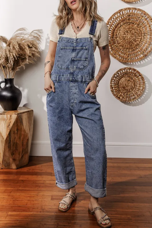 Sail Blue Denim Bib Straight Leg Jumpsuit with Pockets sold by Beagle Boutique
