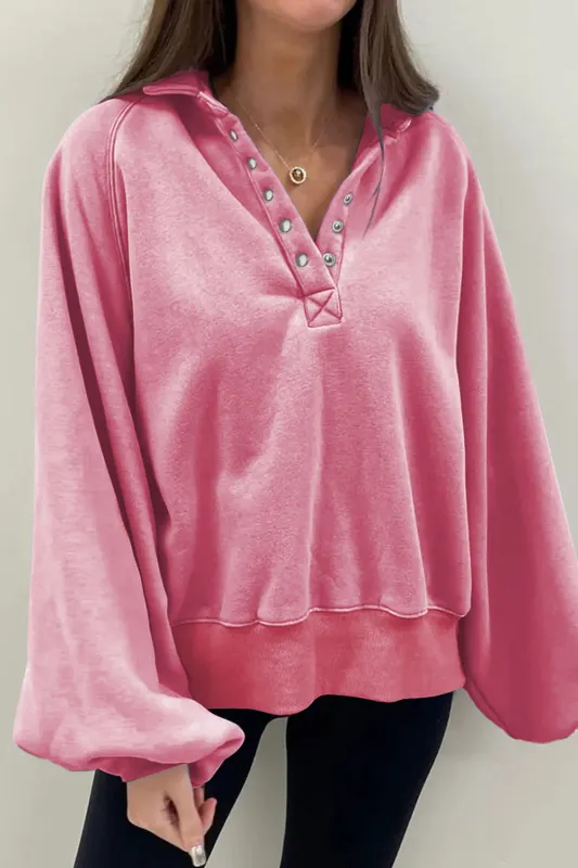 Pink Solid Snap Buttons Collared Balloon Sleeve Oversized Sweatshirt sold by Beagle Boutique