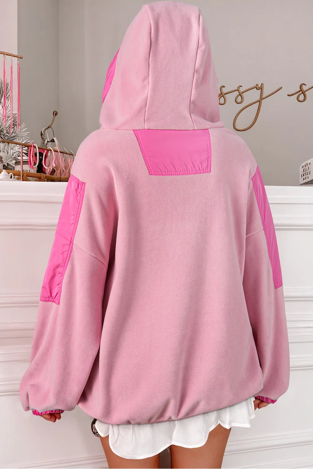 Pink Colourblock Patchwork Half Zip Oversized Sherpa Hoodie sold by Beagle Boutique product image thumbnail 2