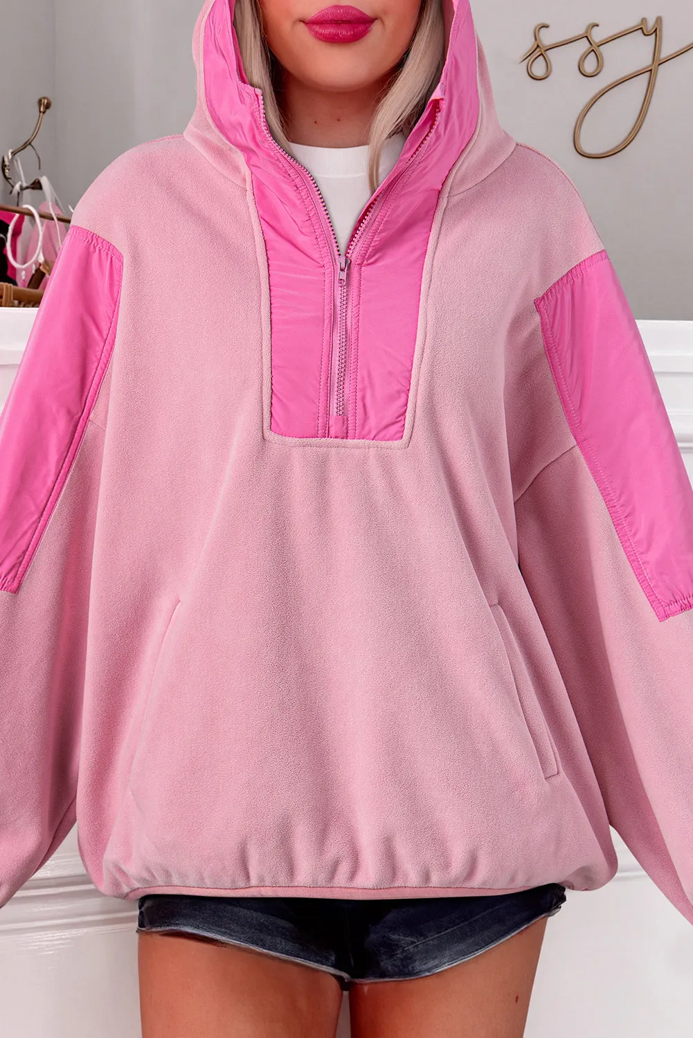 Pink Colourblock Patchwork Half Zip Oversized Sherpa Hoodie sold by Beagle Boutique