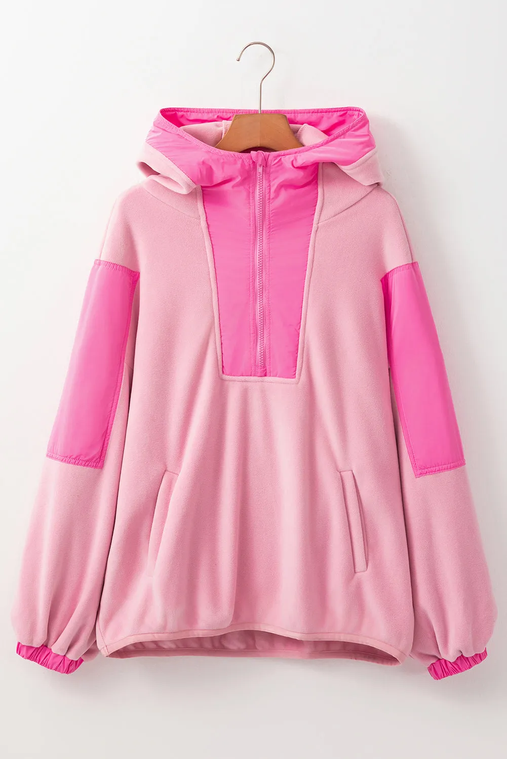 Pink Colourblock Patchwork Half Zip Oversized Sherpa Hoodie sold by Beagle Boutique product image thumbnail 3