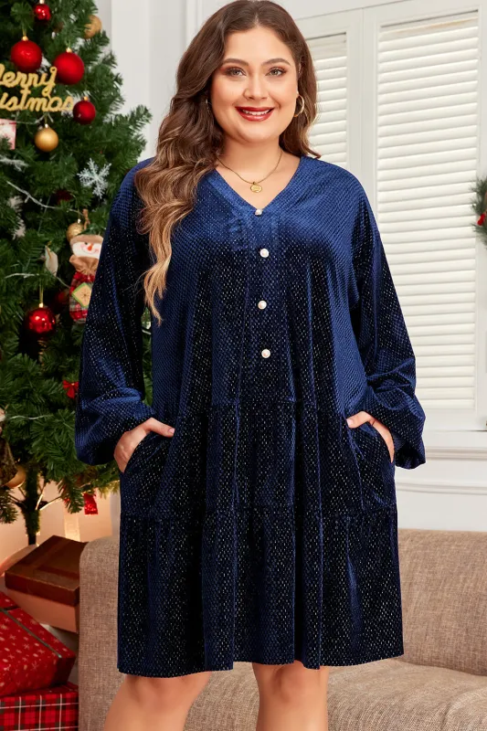 Navy Blue Plus Size Textured Velvet Tiered Button V Neck Dress sold by Beagle Boutique