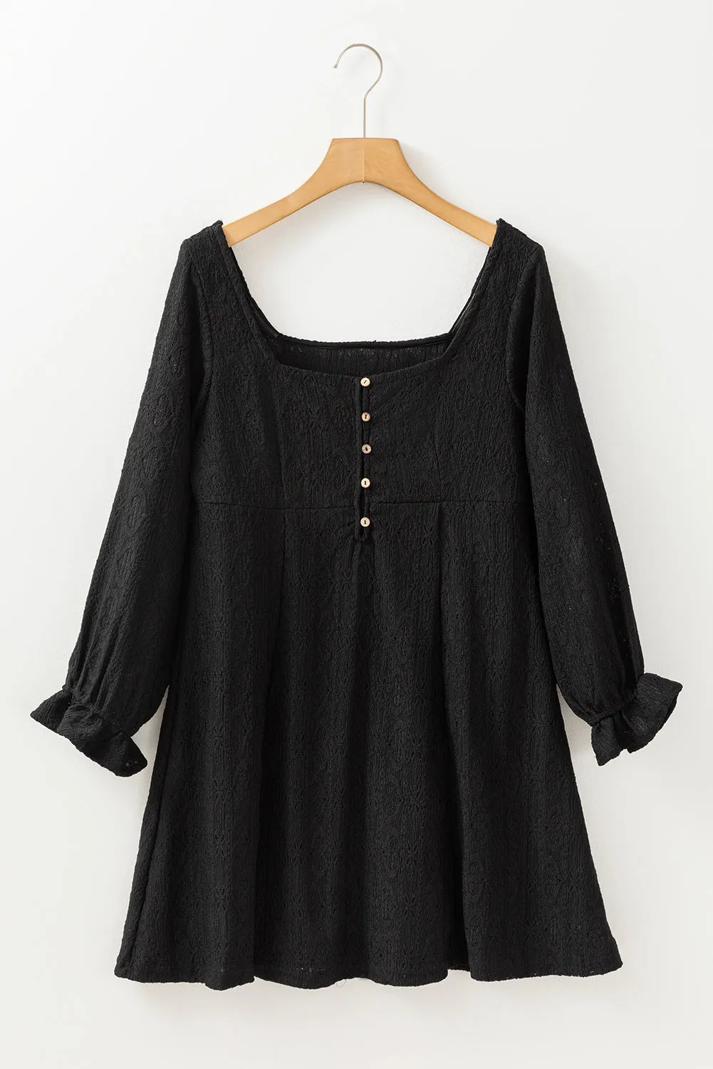 Black Lace Crochet Buttoned Square Neck Shift Mini Dress sold by Beagle Boutique product image thumbnail 4