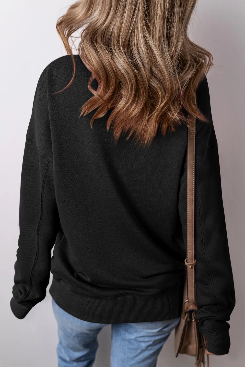 Black Drop Shoulder Crisscross Stitching Pocketed Loose Sweatshirt sold by Beagle Boutique product image thumbnail 2