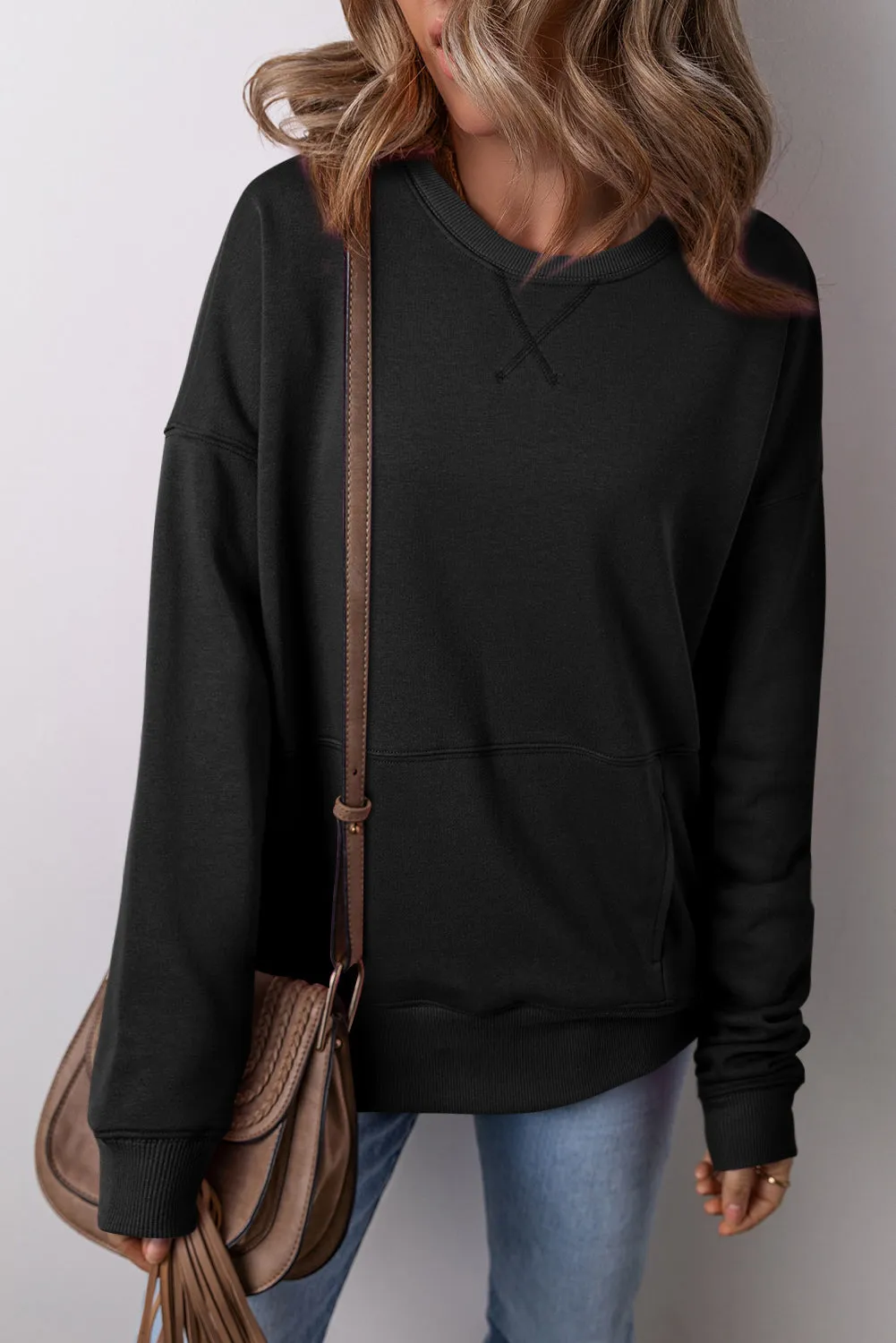 Black Drop Shoulder Crisscross Stitching Pocketed Loose Sweatshirt sold by Beagle Boutique product image thumbnail 3