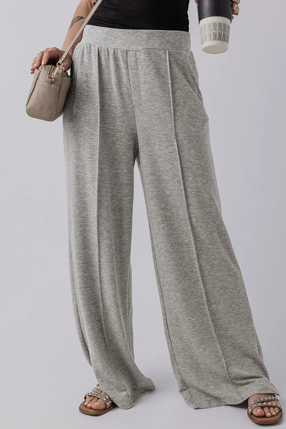 Medium Grey Central Seam Wide Leg High Waist Knit Casual Trousers sold by Beagle Boutique