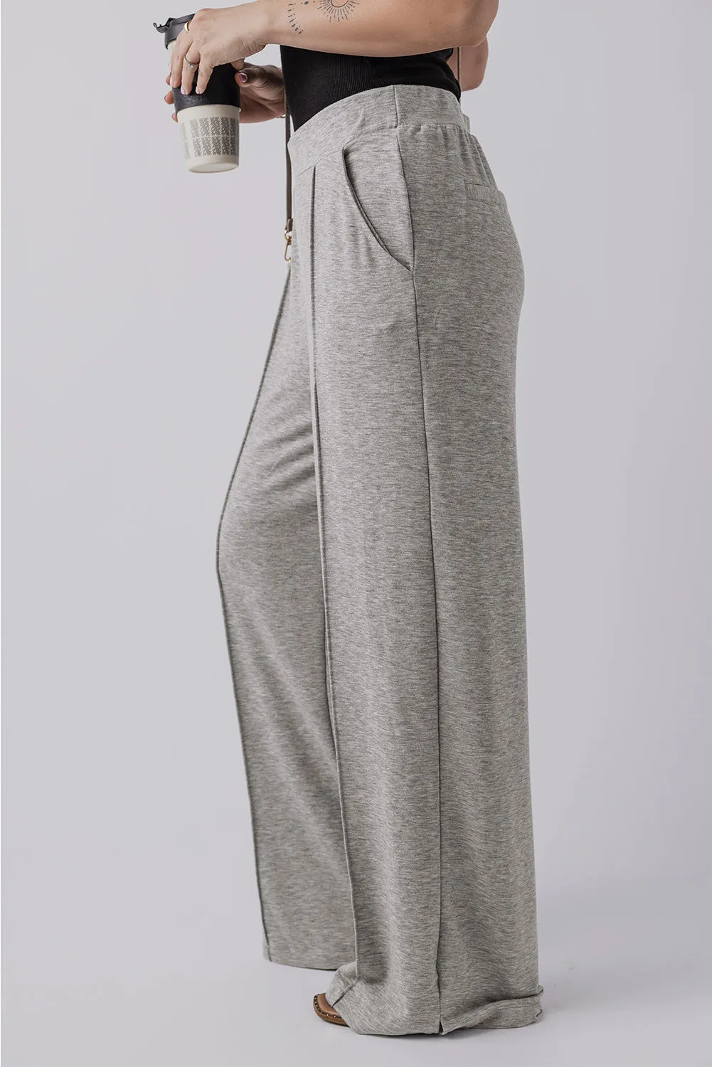 Medium Grey Central Seam Wide Leg High Waist Knit Casual Trousers sold by Beagle Boutique product image thumbnail 3