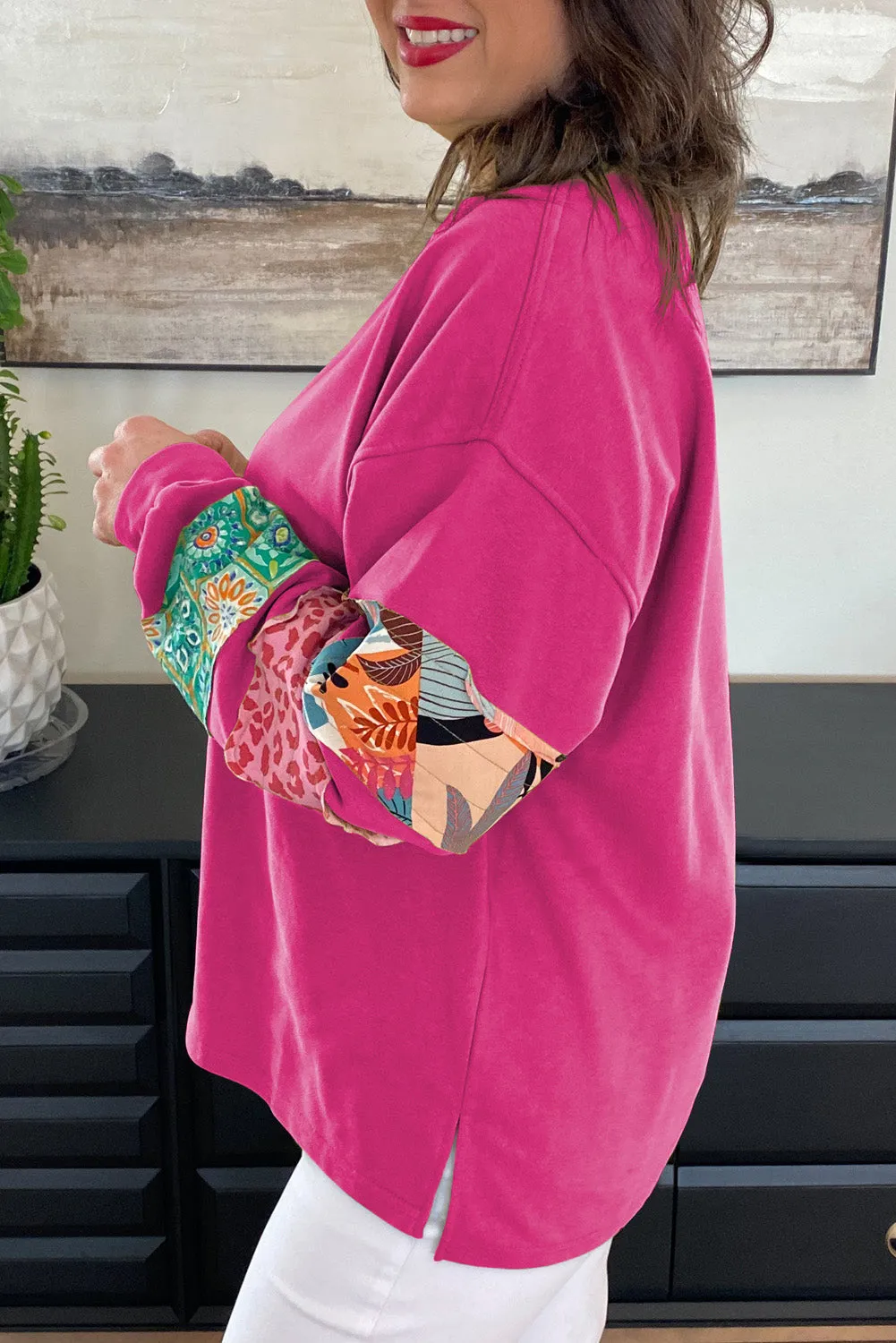 Rose Red Plus Size Printed Patchwork Sleeve Split Sweatshirt sold by Beagle Boutique product image thumbnail 3