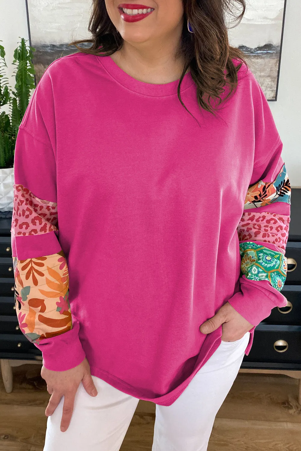 Rose Red Plus Size Printed Patchwork Sleeve Split Sweatshirt sold by Beagle Boutique