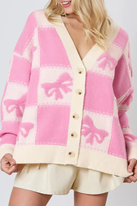 Pink Bowknot Checkered Pattern V Neck Drop Shoulder Button Up Cardigan sold by Beagle Boutique