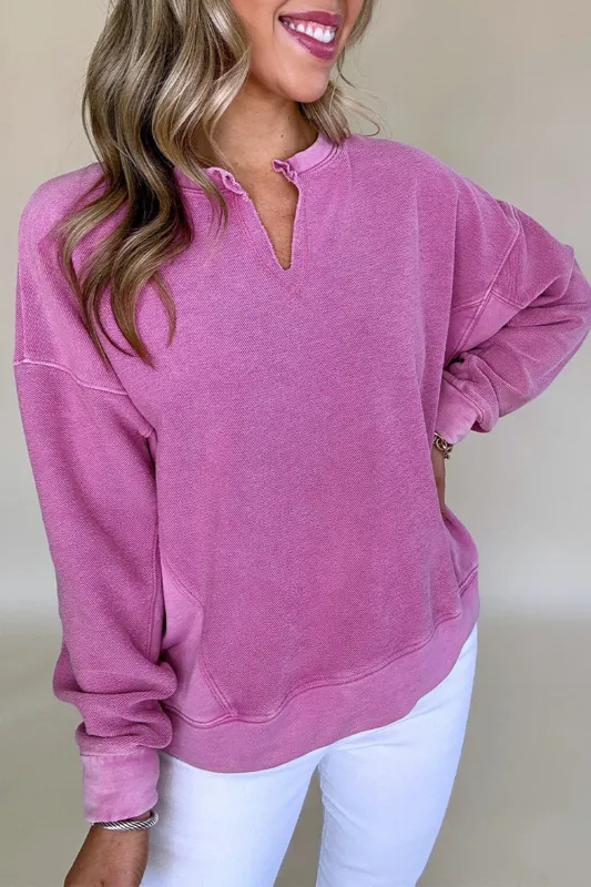 Bright Pink Solid Colour Notched Neck Drop Shoulder Sweatshirt sold by Beagle Boutique