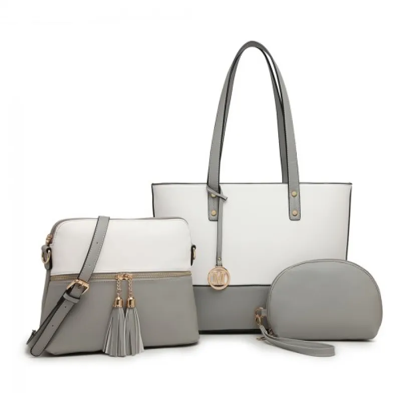 LG2023 - Miss Lulu 3 Piece Leather Look Tote Bag Set - Grey And White sold by Beagle Boutique
