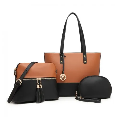 LG2023 - Miss Lulu 3 Piece Leather Look Tote Bag Set - Black And Brown sold by Beagle Boutique