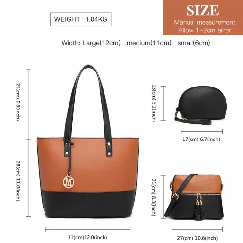 LG2023 - Miss Lulu 3 Piece Leather Look Tote Bag Set - Black And Brown sold by Beagle Boutique product image thumbnail 4