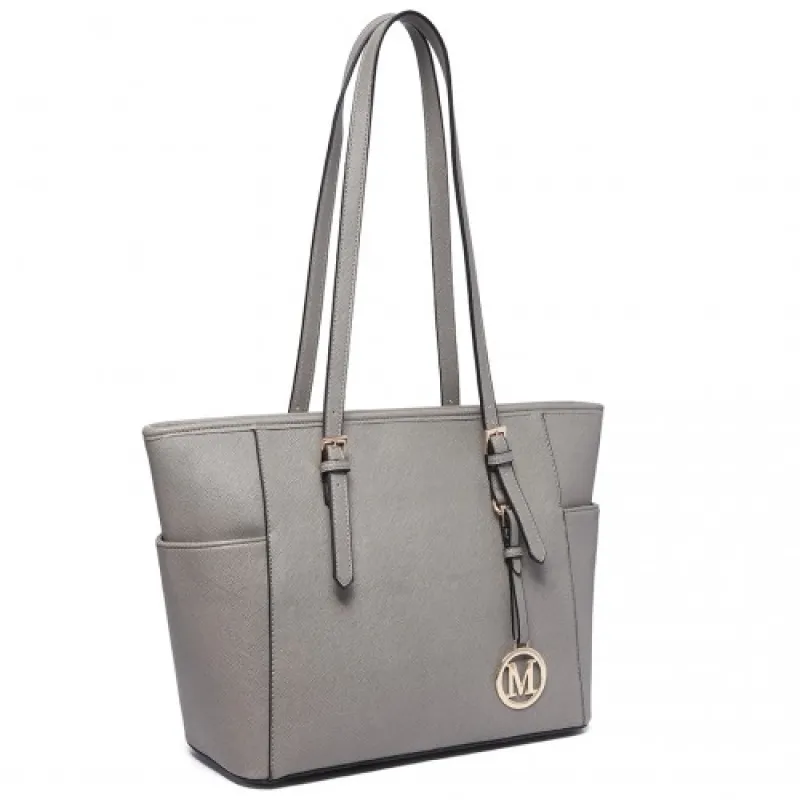LM1642-1 - Miss Lulu Faux Leather Adjustable Handle Tote Bag - Grey sold by Beagle Boutique