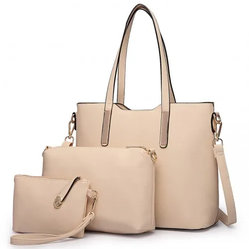 LT6648 - Miss Lulu Three Piece Tote Shoulder Bag And Clutch - Beige sold by Beagle Boutique