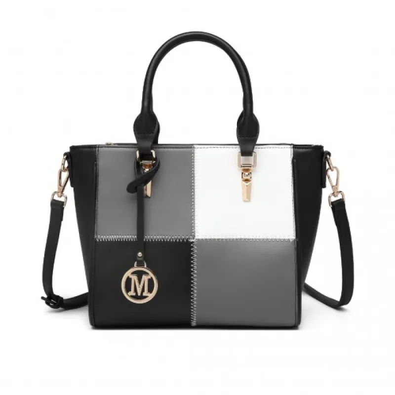 LG2214 - Miss Lulu Muti-Colour Combination Handbag Tote Bag - Black sold by Beagle Boutique