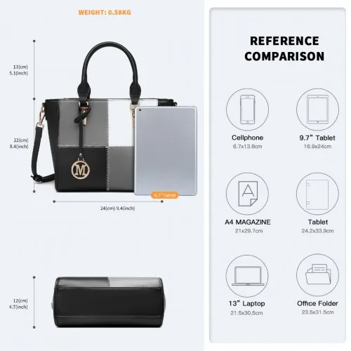 LG2214 - Miss Lulu Muti-Colour Combination Handbag Tote Bag - Black sold by Beagle Boutique product image thumbnail 4