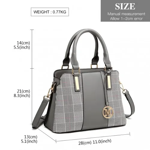 LG2001 - Miss Lulu Gingham Plaid Panel Shoulder Bag - Grey sold by Beagle Boutique product image thumbnail 4