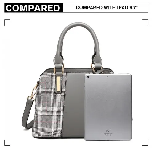 LG2001 - Miss Lulu Gingham Plaid Panel Shoulder Bag - Grey sold by Beagle Boutique product image thumbnail 5