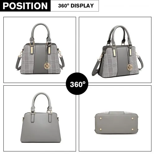 LG2001 - Miss Lulu Gingham Plaid Panel Shoulder Bag - Grey sold by Beagle Boutique product image thumbnail 3