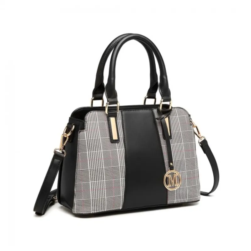 LG2001 - Miss Lulu Gingham Plaid Panel Shoulder Bag - Black sold by Beagle Boutique