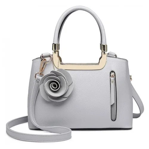 LG1847 - MISS LULU PU LEATHER ROSE HANGING ORNAMENT HANDBAG - GREY sold by Beagle Boutique