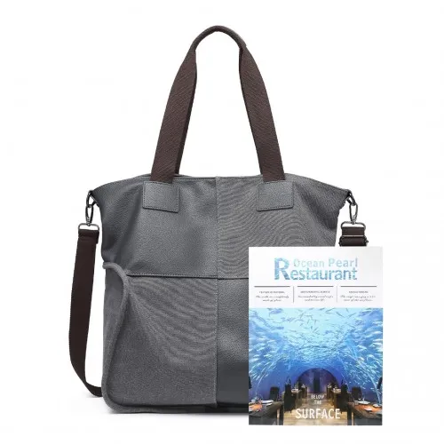 EH2221 - Kono Paneled Contrast Large Capacity Canvas Shoulder Bag - Grey sold by Beagle Boutique product image thumbnail 5