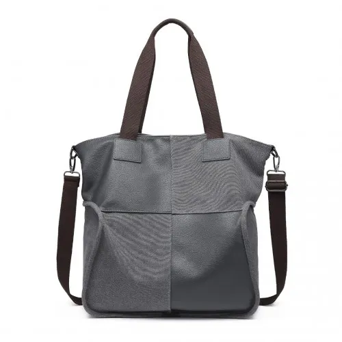EH2221 - Kono Paneled Contrast Large Capacity Canvas Shoulder Bag - Grey sold by Beagle Boutique product image thumbnail 2