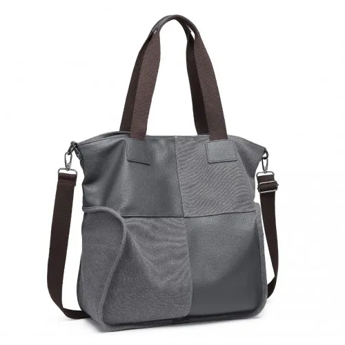 EH2221 - Kono Paneled Contrast Large Capacity Canvas Shoulder Bag - Grey sold by Beagle Boutique