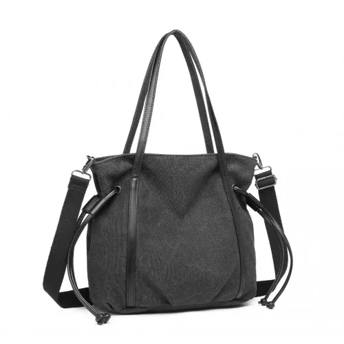 EH2220 - Kono Large Capacity Canvas And Leather Fusion Shoulder Tote Bag - Black sold by Beagle Boutique product image thumbnail 2