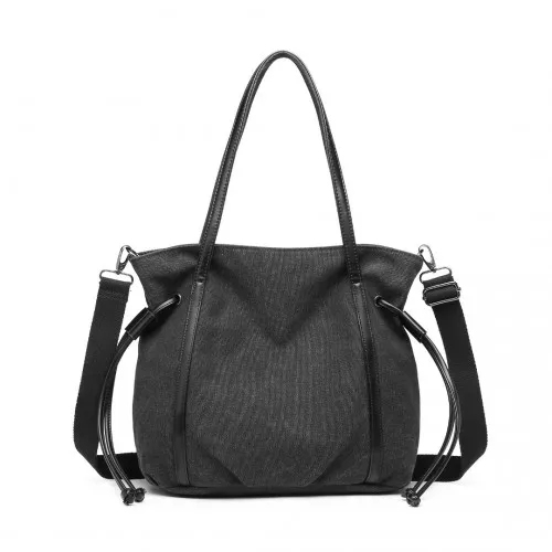 EH2220 - Kono Large Capacity Canvas And Leather Fusion Shoulder Tote Bag - Black sold by Beagle Boutique
