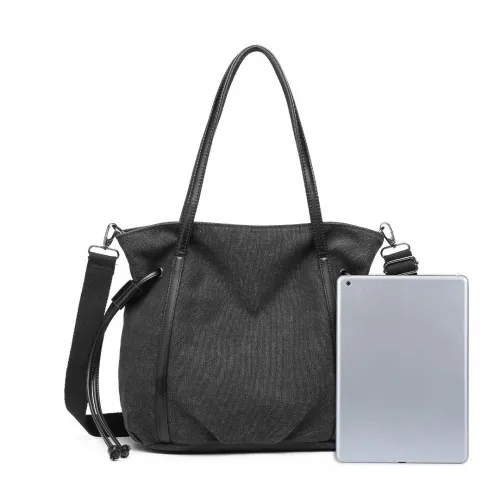 EH2220 - Kono Large Capacity Canvas And Leather Fusion Shoulder Tote Bag - Black sold by Beagle Boutique product image thumbnail 5