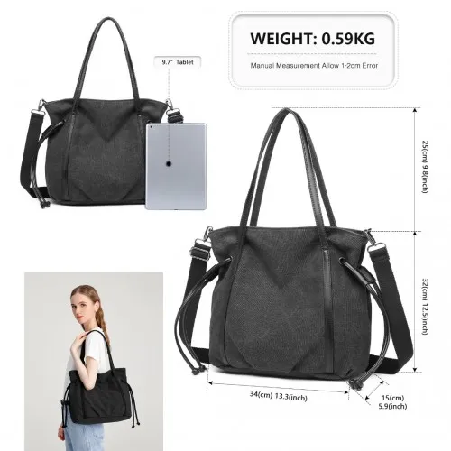 EH2220 - Kono Large Capacity Canvas And Leather Fusion Shoulder Tote Bag - Black sold by Beagle Boutique product image thumbnail 4