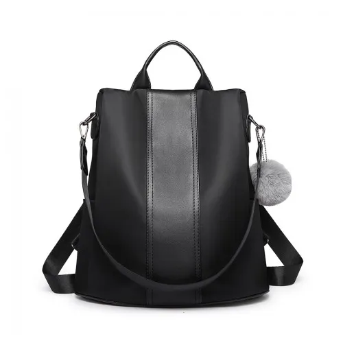 LG1903 - Miss Lulu Two Way Backpack Shoulder Bag with Pom Pom Pendant - Black sold by Beagle Boutique