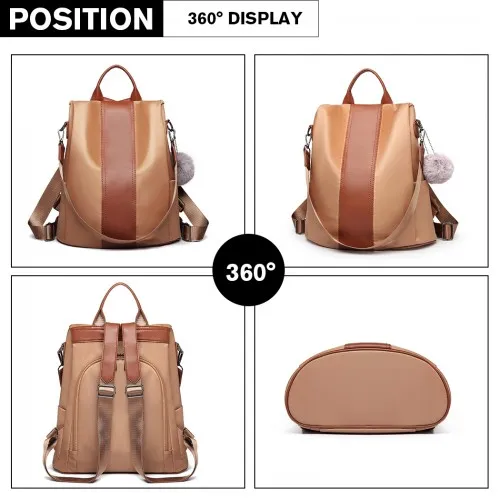 LG1903 - Miss Lulu Two Way Backpack Shoulder Bag with Pom Pom Pendant - Brown sold by Beagle Boutique product image thumbnail 5