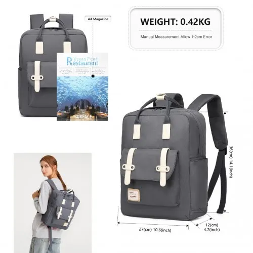 EB2211 - Kono Casual Daypack Lightweight Backpack Travel Bag - Grey sold by Beagle Boutique product image thumbnail 4