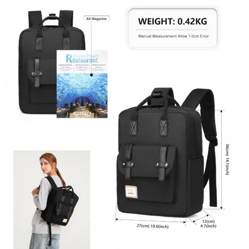 EB2211 - Kono Casual Daypack Lightweight Backpack Travel Bag - Black sold by Beagle Boutique product image thumbnail 4
