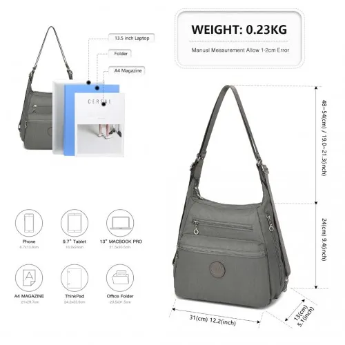 EH2063 - Kono Three Way Multipurpose Casual Shoulder Bag With Double Zippers - Grey sold by Beagle Boutique product image thumbnail 4