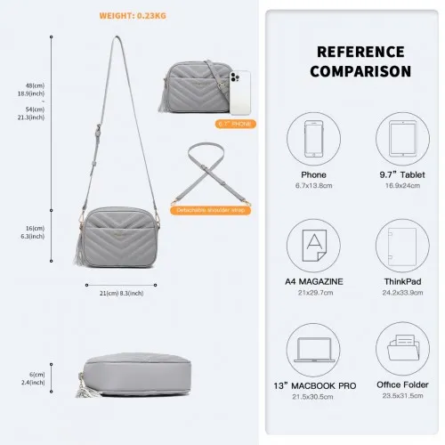 LA2119-1 - Miss LuLu Lightweight Quilted Leather Cross body Bag - Grey sold by Beagle Boutique product image thumbnail 5