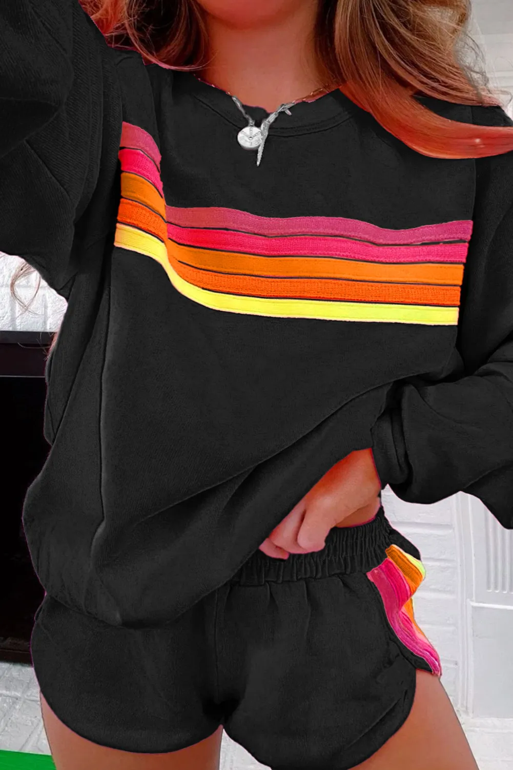 Black Striped Accent Pullover and Shorts Two Piece Casual Set sold by Beagle Boutique product image thumbnail 3