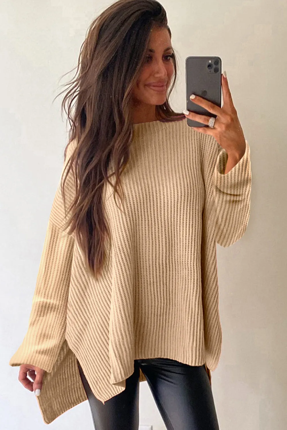 Knit Drop Shoulder Side Slits Loose Sweater sold by Beagle Boutique product image thumbnail 2