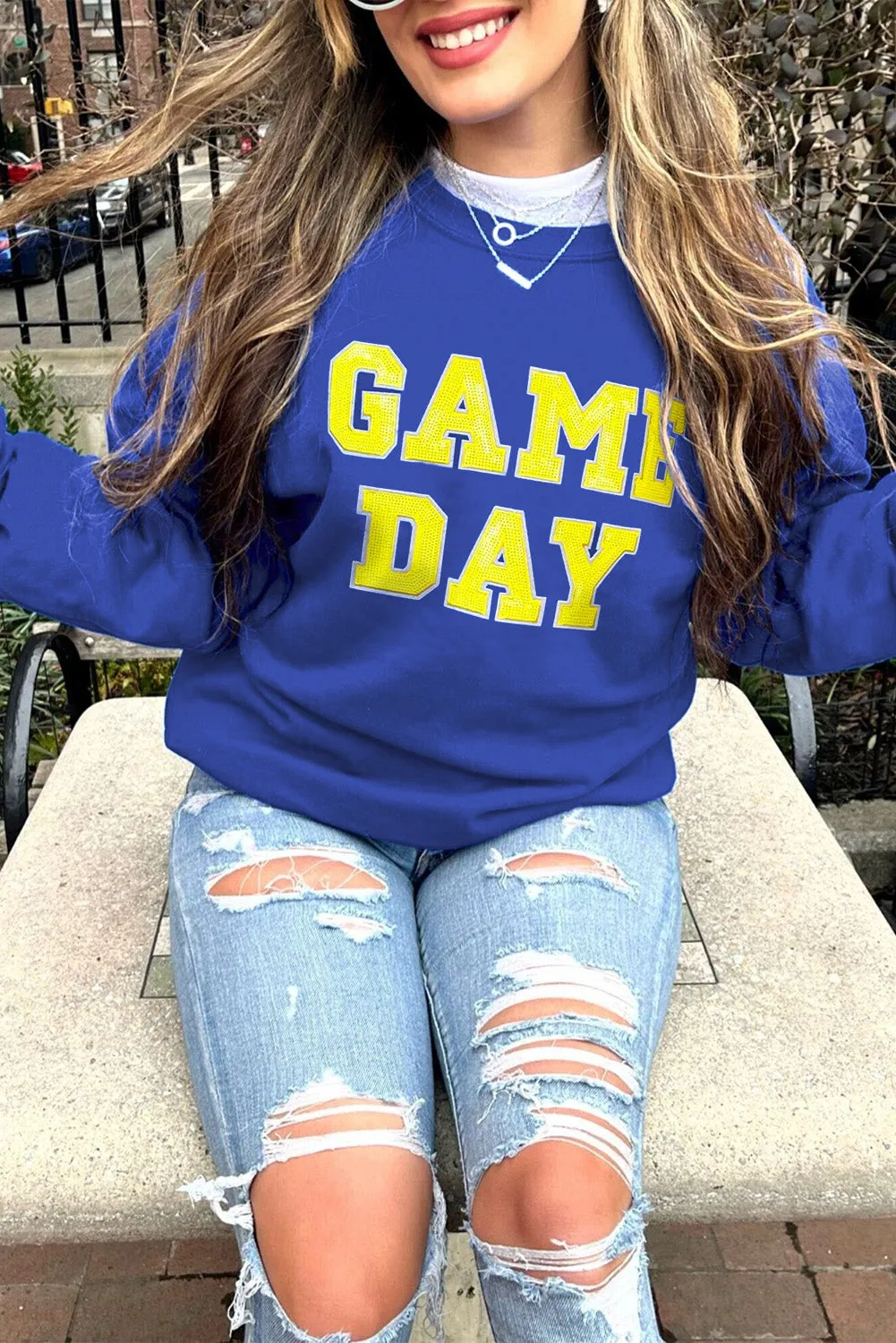 Dark Blue Game Day Crew Neck Graphic Pullover Sweatshirt sold by Beagle Boutique product image thumbnail 2