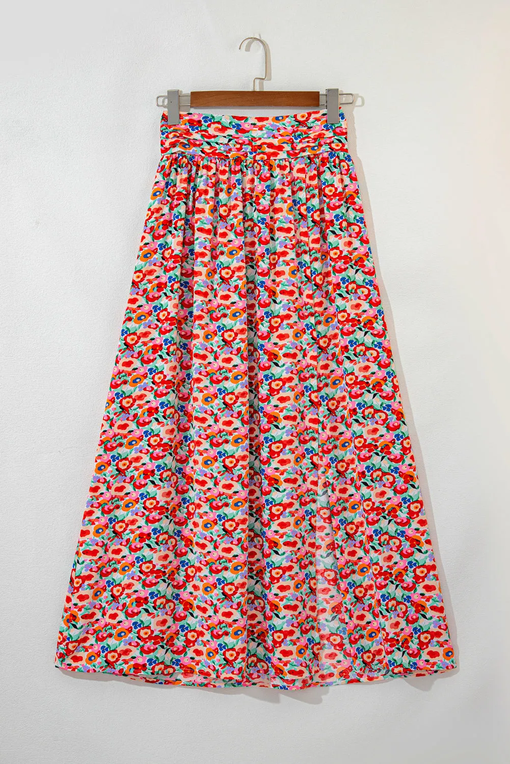 Red Floral Print Wide Waistband Side Slit Maxi Skirt sold by Beagle Boutique product image thumbnail 2