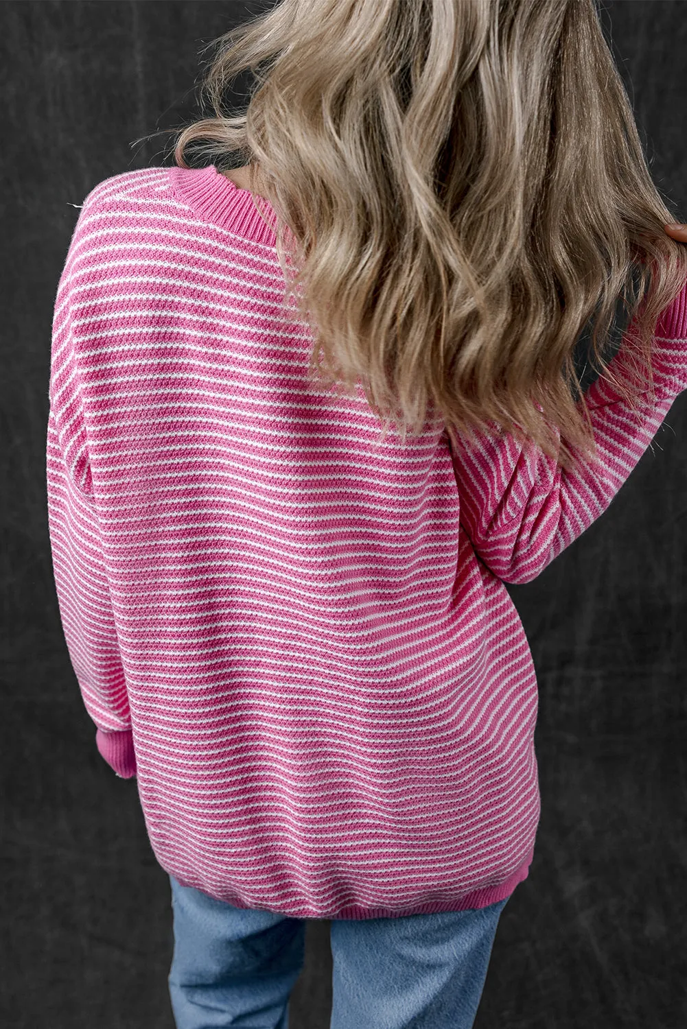 Pink Striped Scallop V Neck Loose Sweater with Slits sold by Beagle Boutique product image thumbnail 2