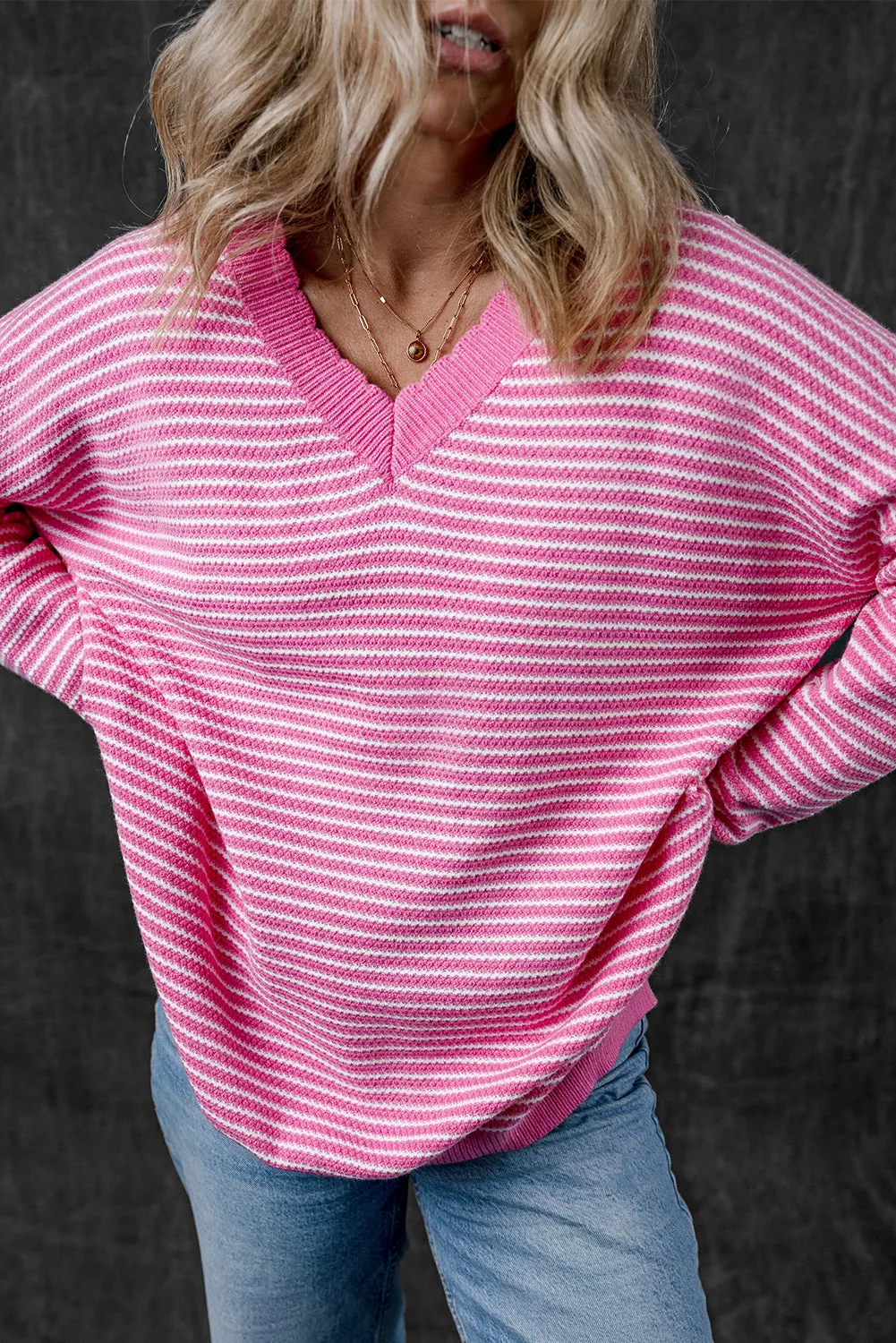Pink Striped Scallop V Neck Loose Sweater with Slits sold by Beagle Boutique product image thumbnail 3