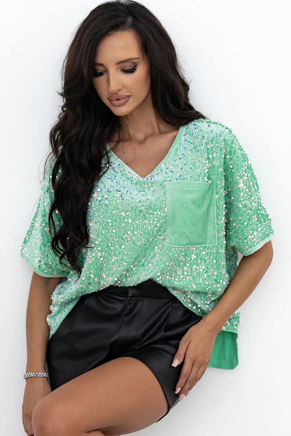 Jade Sequin Batwing Sleeve V-Neck Velvet Blouse sold by Beagle Boutique product image thumbnail 4