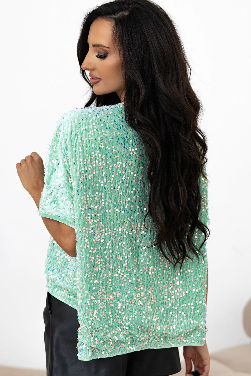 Jade Sequin Batwing Sleeve V-Neck Velvet Blouse sold by Beagle Boutique product image thumbnail 5